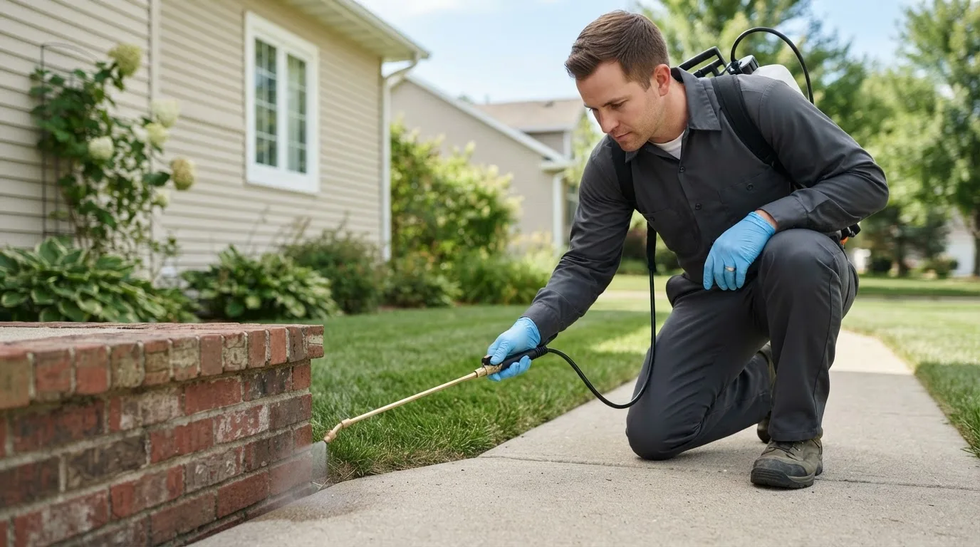 Pest control technician treating a home near Horace, ND